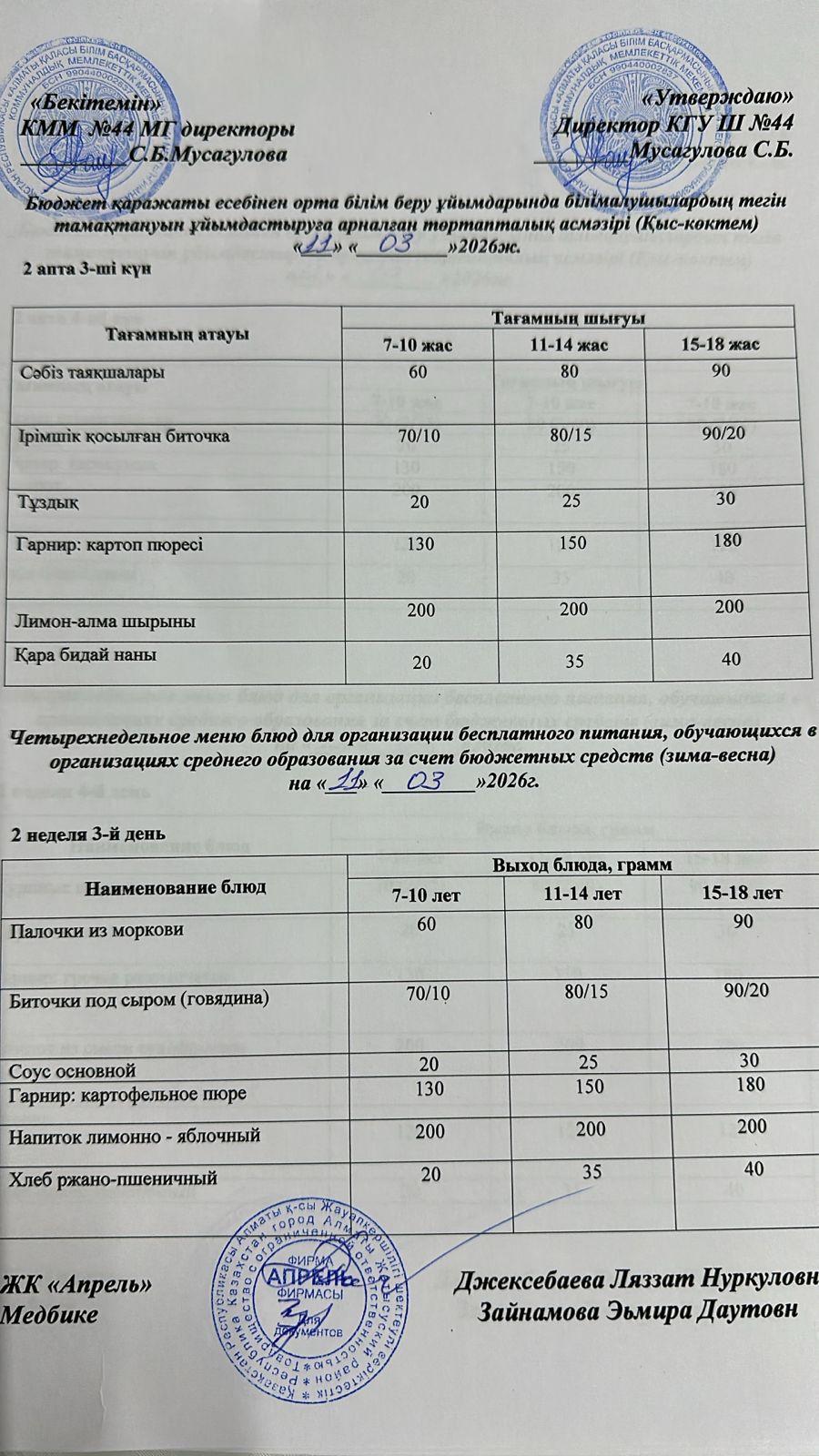 Четырехнедельное меню блюд для организации бесплатного питания обучающихся в организациях среднего образования за счет бюджетных средств зима-весна 2026г