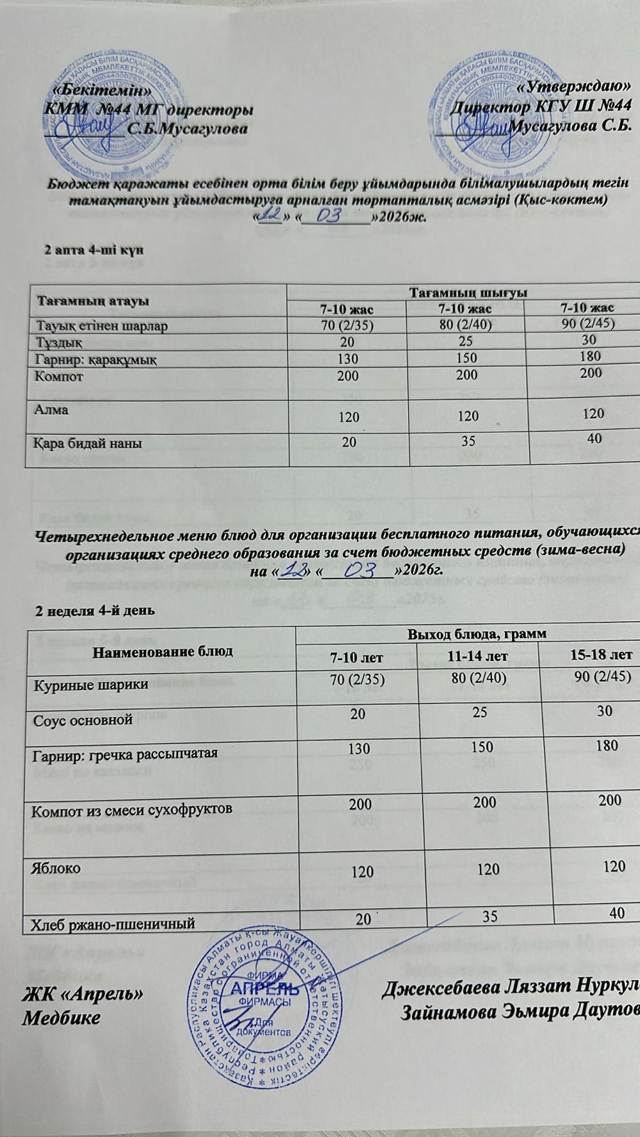 Четырехнедельное меню блюд для организации бесплатного питания обучающихся в организациях среднего образования за счет бюджетных средств зима-весна 2026г