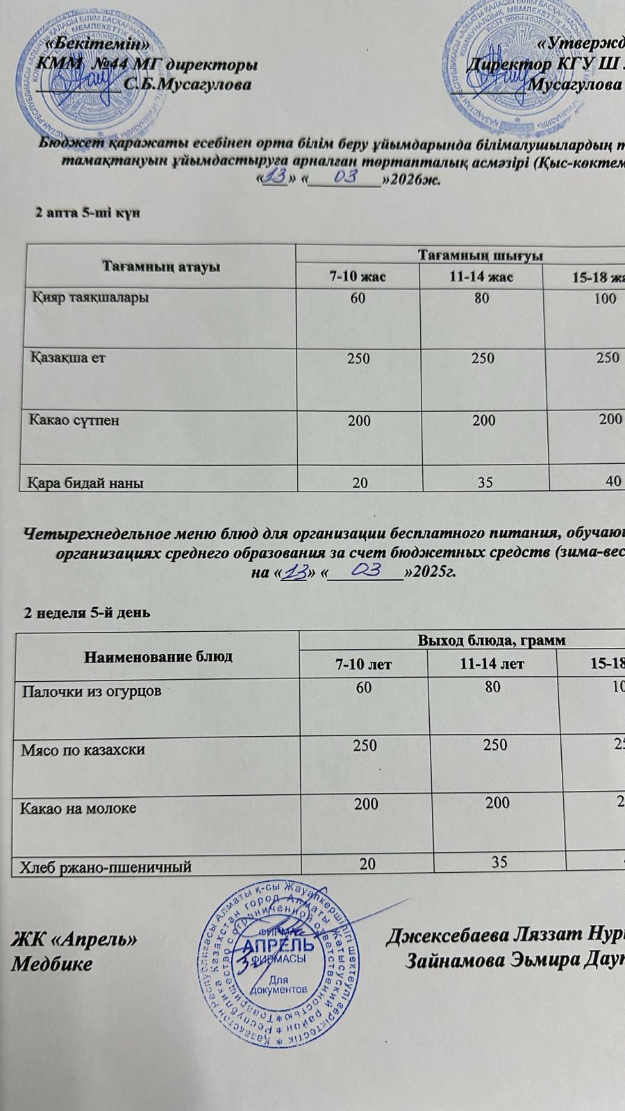 Четырехнедельное меню блюд для организации бесплатного питания обучающихся в организациях среднего образования за счет бюджетных средств зима-весна 2026г