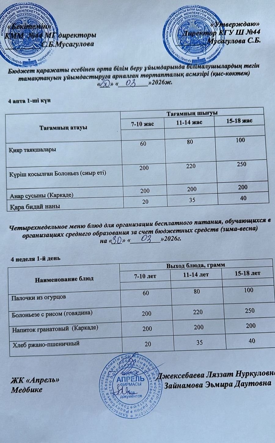 Четырехнедельное меню блюд для организации бесплатного питания обучающихся в организациях среднего образования за счет бюджетных средств зима-весна 2026г
