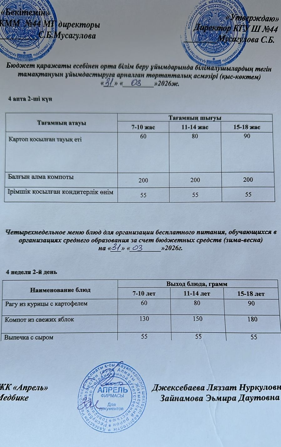 Четырехнедельное меню блюд для организации бесплатного питания обучающихся в организациях среднего образования за счет бюджетных средств зима-весна 2026г