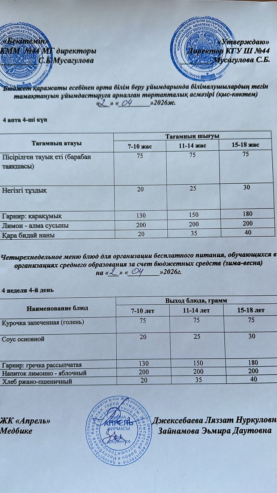 Четырехнедельное меню блюд для организации бесплатного питания обучающихся в организациях среднего образования за счет бюджетных средств зима-весна 2026г