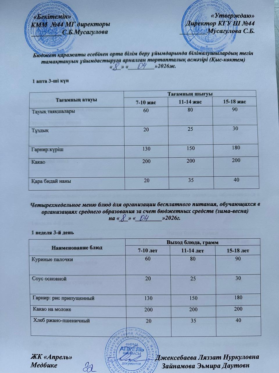 Четырехнедельное меню блюд для организации бесплатного питания обучающихся в организациях среднего образования за счет бюджетных средств зима-весна 2026г