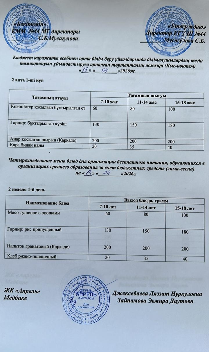 Четырехнедельное меню блюд для организации бесплатного питания обучающихся в организациях среднего образования за счет бюджетных средств зима-весна 2026г