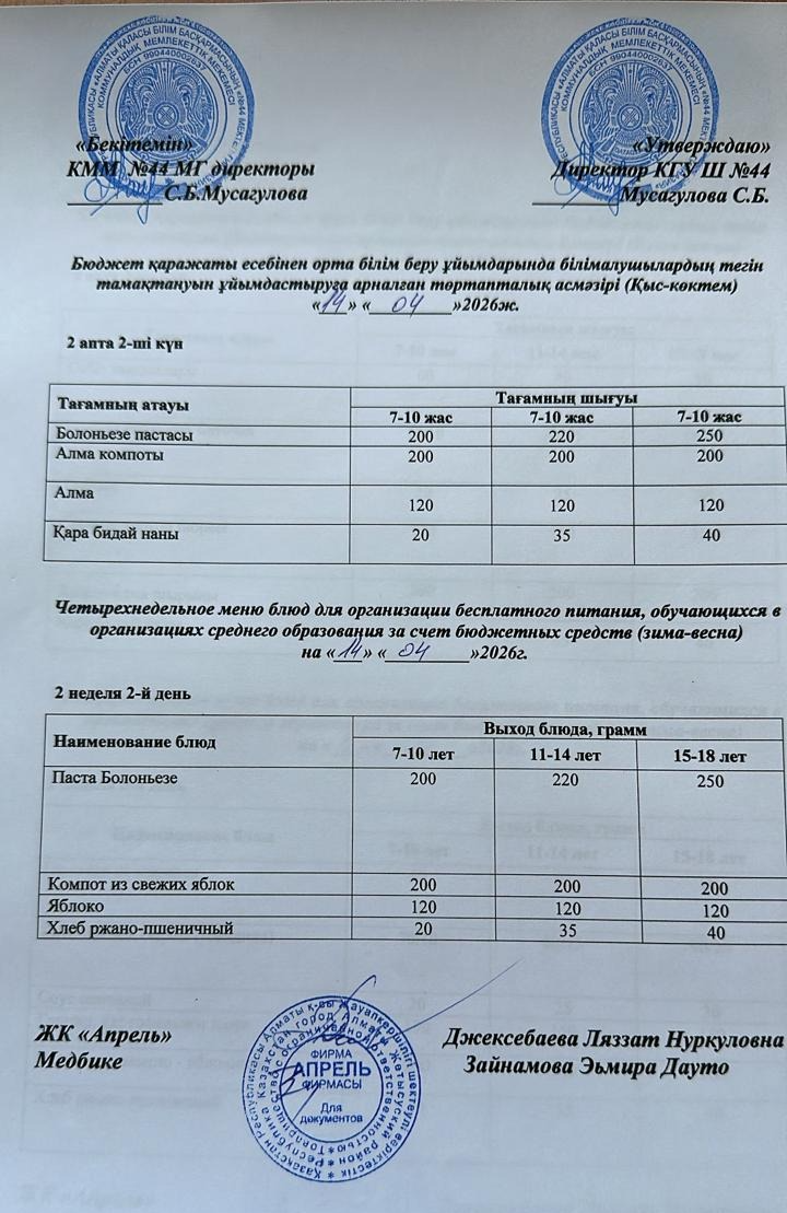 Четырехнедельное меню блюд для организации бесплатного питания обучающихся в организациях среднего образования за счет бюджетных средств зима-весна 2026г