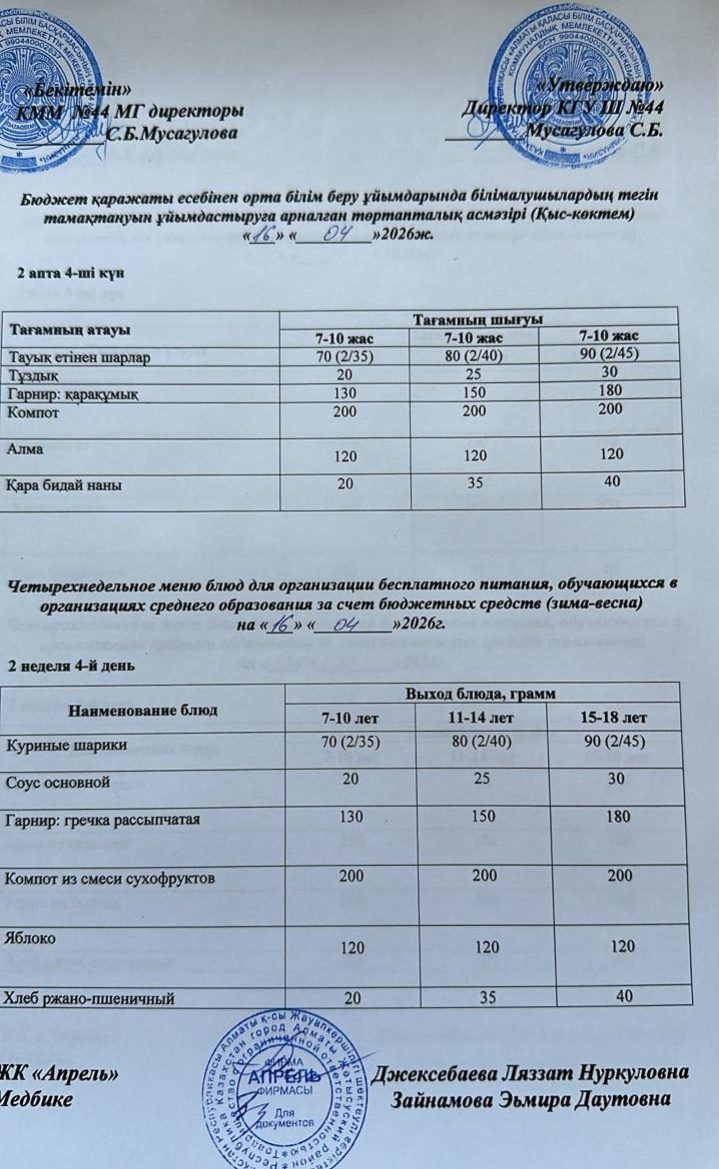 Четырехнедельное меню блюд для организации бесплатного питания обучающихся в организациях среднего образования за счет бюджетных средств зима-весна 2026г