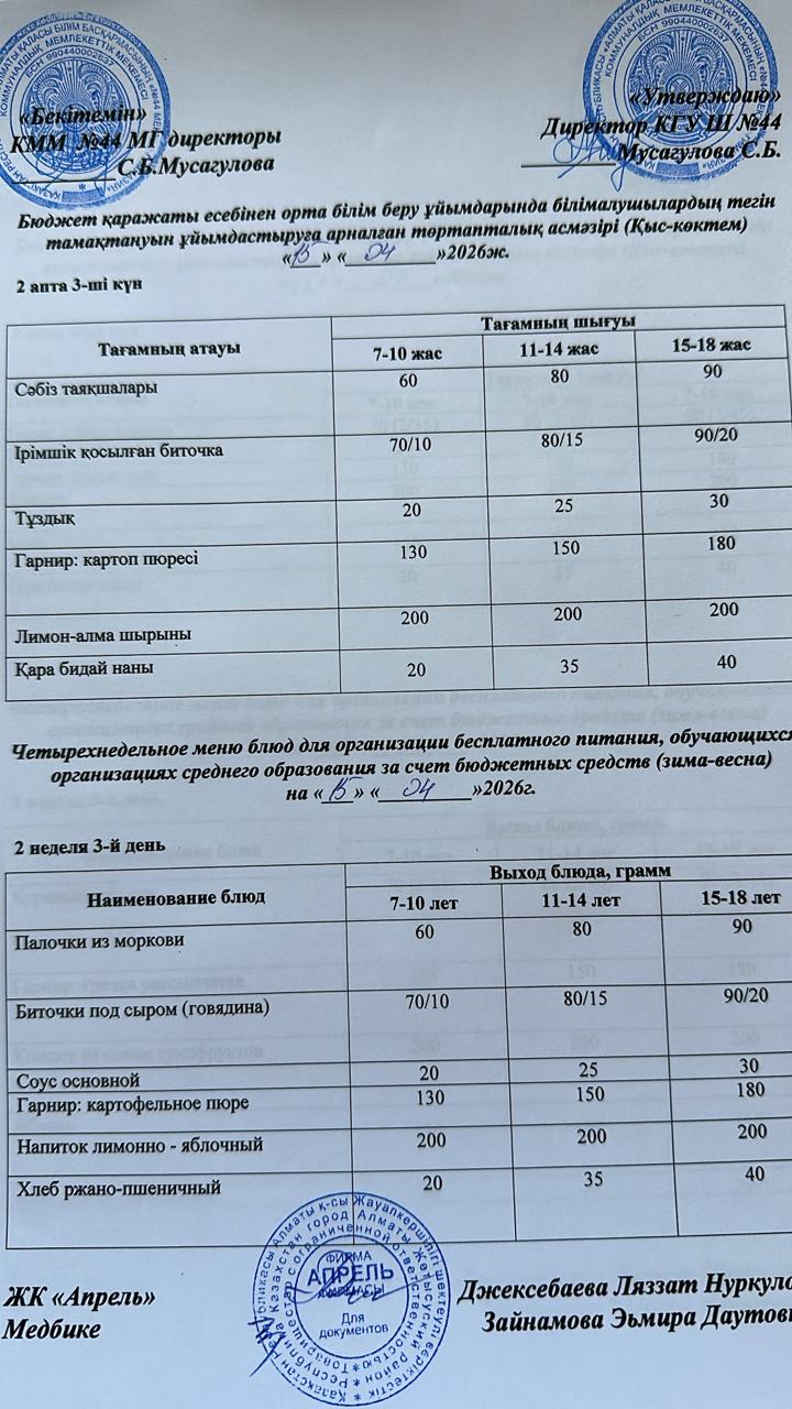 Четырехнедельное меню блюд для организации бесплатного питания обучающихся в организациях среднего образования за счет бюджетных средств зима-весна 2026г