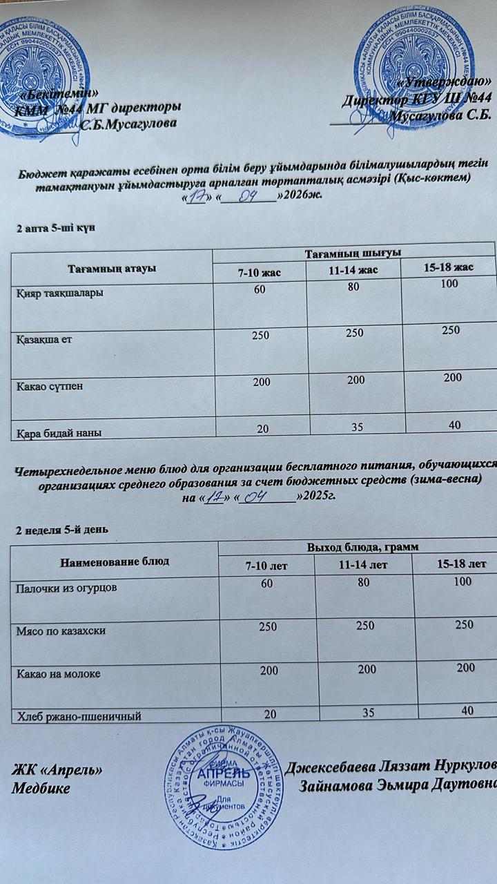 Четырехнедельное меню блюд для организации бесплатного питания обучающихся в организациях среднего образования за счет бюджетных средств зима-весна 2026г