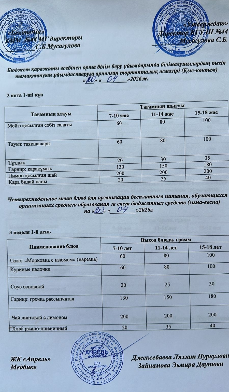 Четырехнедельное меню блюд для организации бесплатного питания обучающихся в организациях среднего образования за счет бюджетных средств зима-весна 2026г