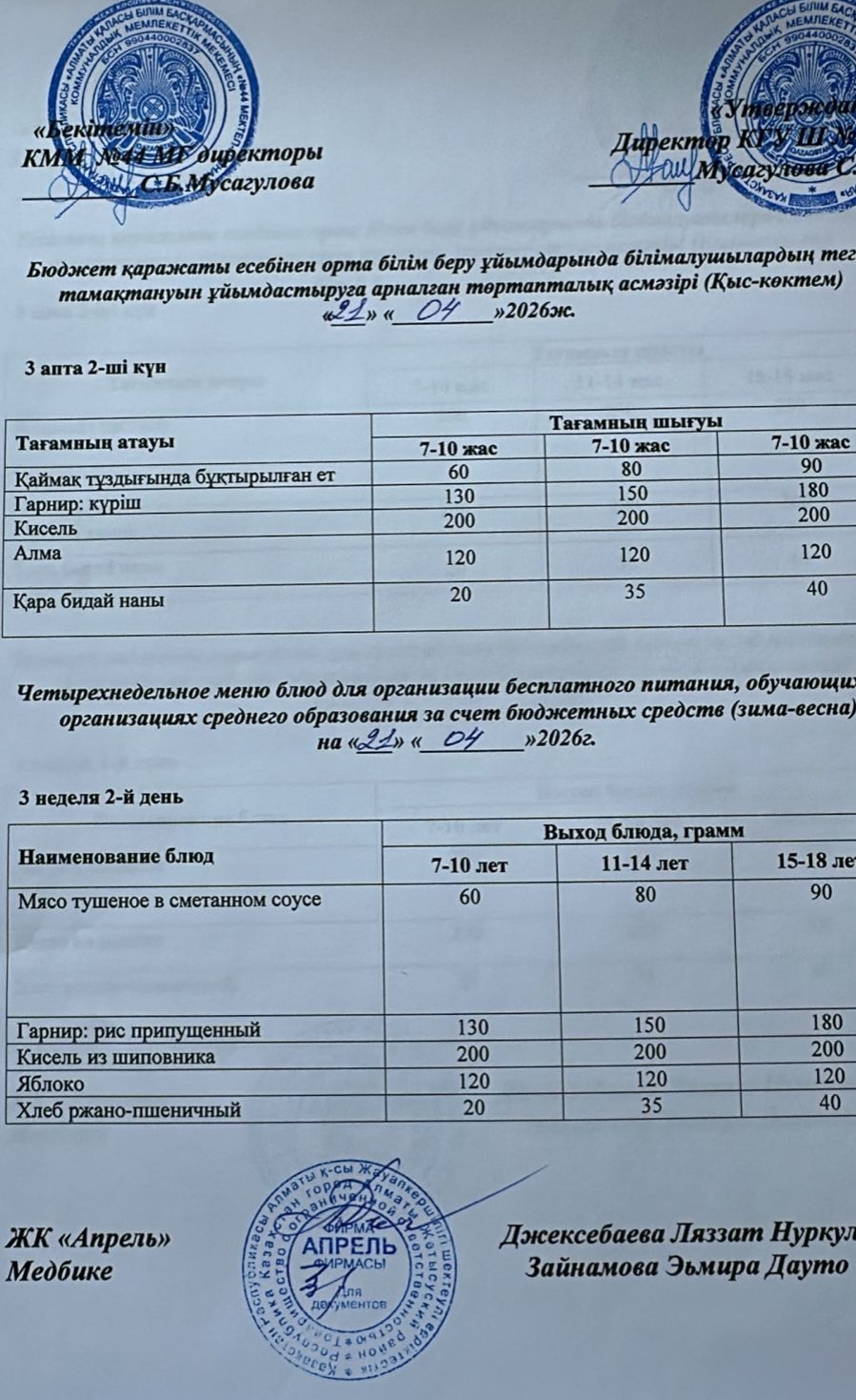 Четырехнедельное меню блюд для организации бесплатного питания обучающихся в организациях среднего образования за счет бюджетных средств зима-весна 2026г