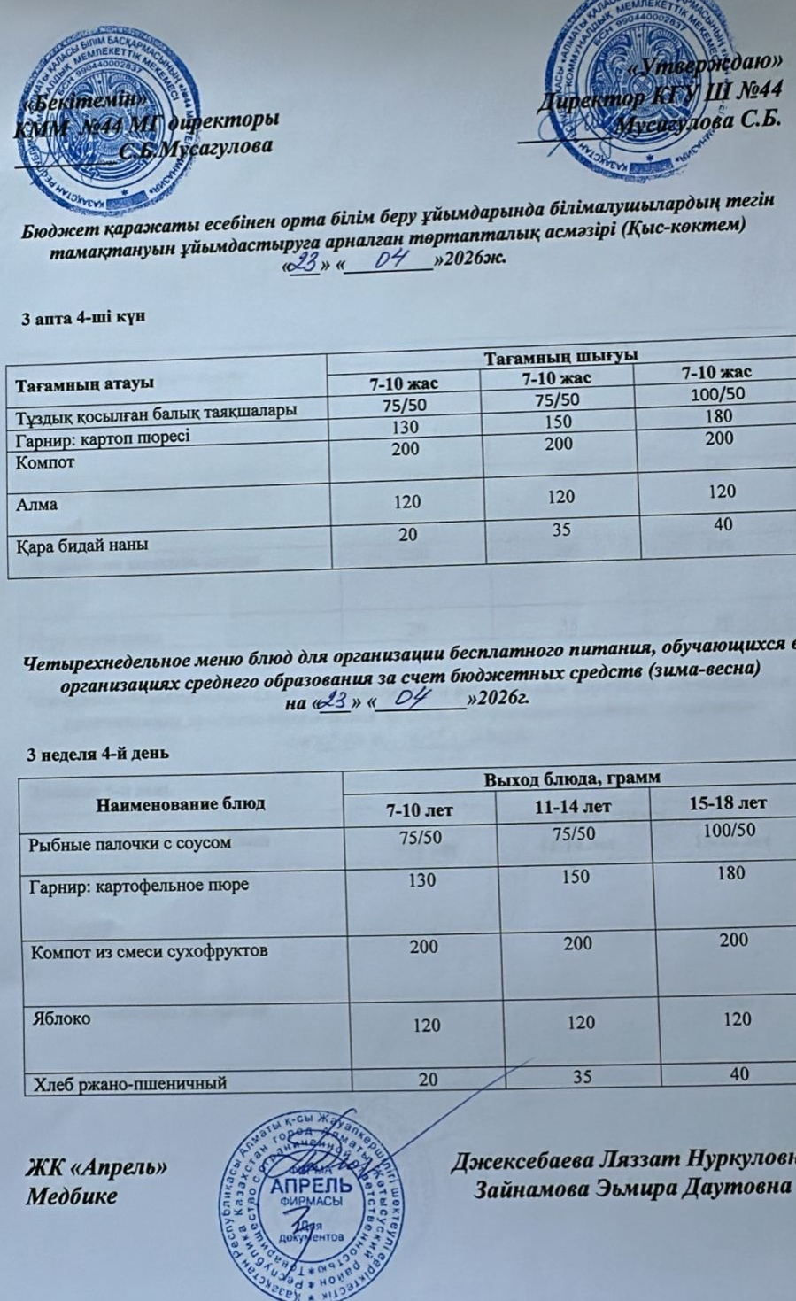 Четырехнедельное меню блюд для организации бесплатного питания обучающихся в организациях среднего образования за счет бюджетных средств зима-весна 2026г