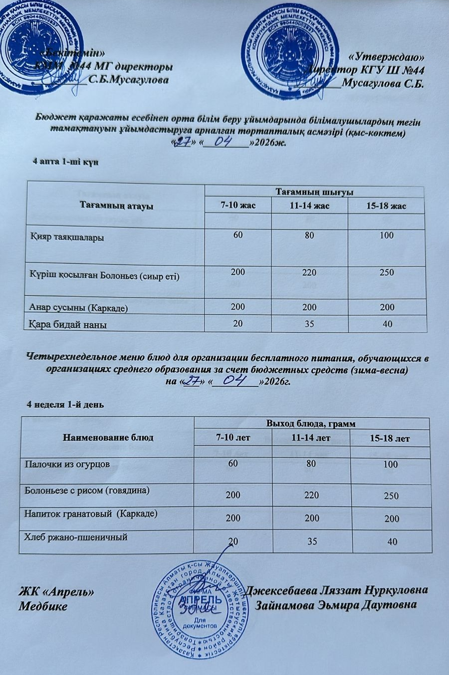 Четырехнедельное меню блюд для организации бесплатного питания обучающихся в организациях среднего образования за счет бюджетных средств зима-весна 2026г