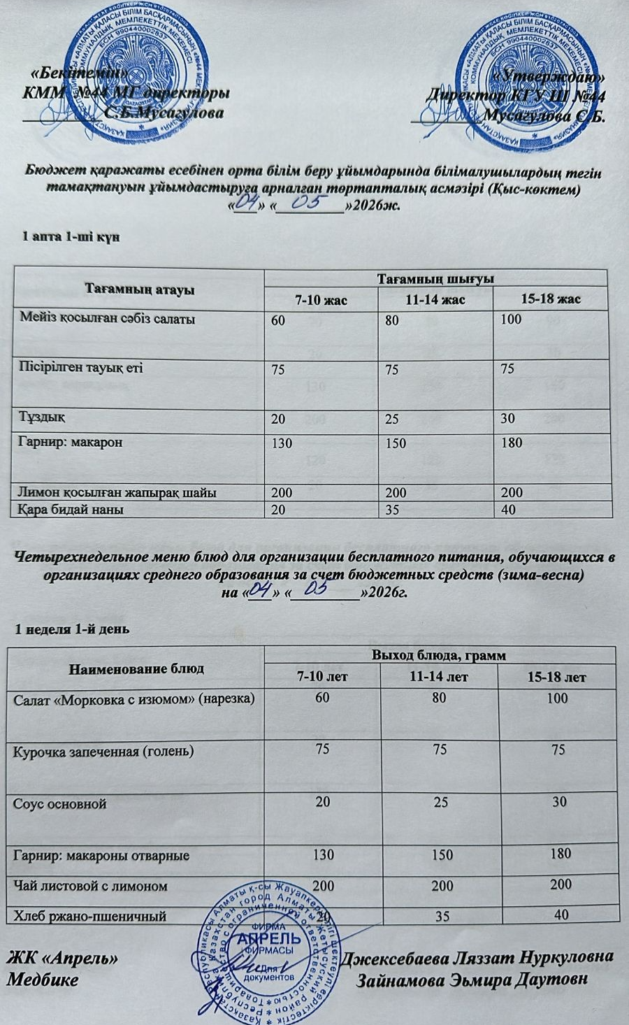 Четырехнедельное меню блюд для организации бесплатного питания обучающихся в организациях среднего образования за счет бюджетных средств зима-весна 2026г