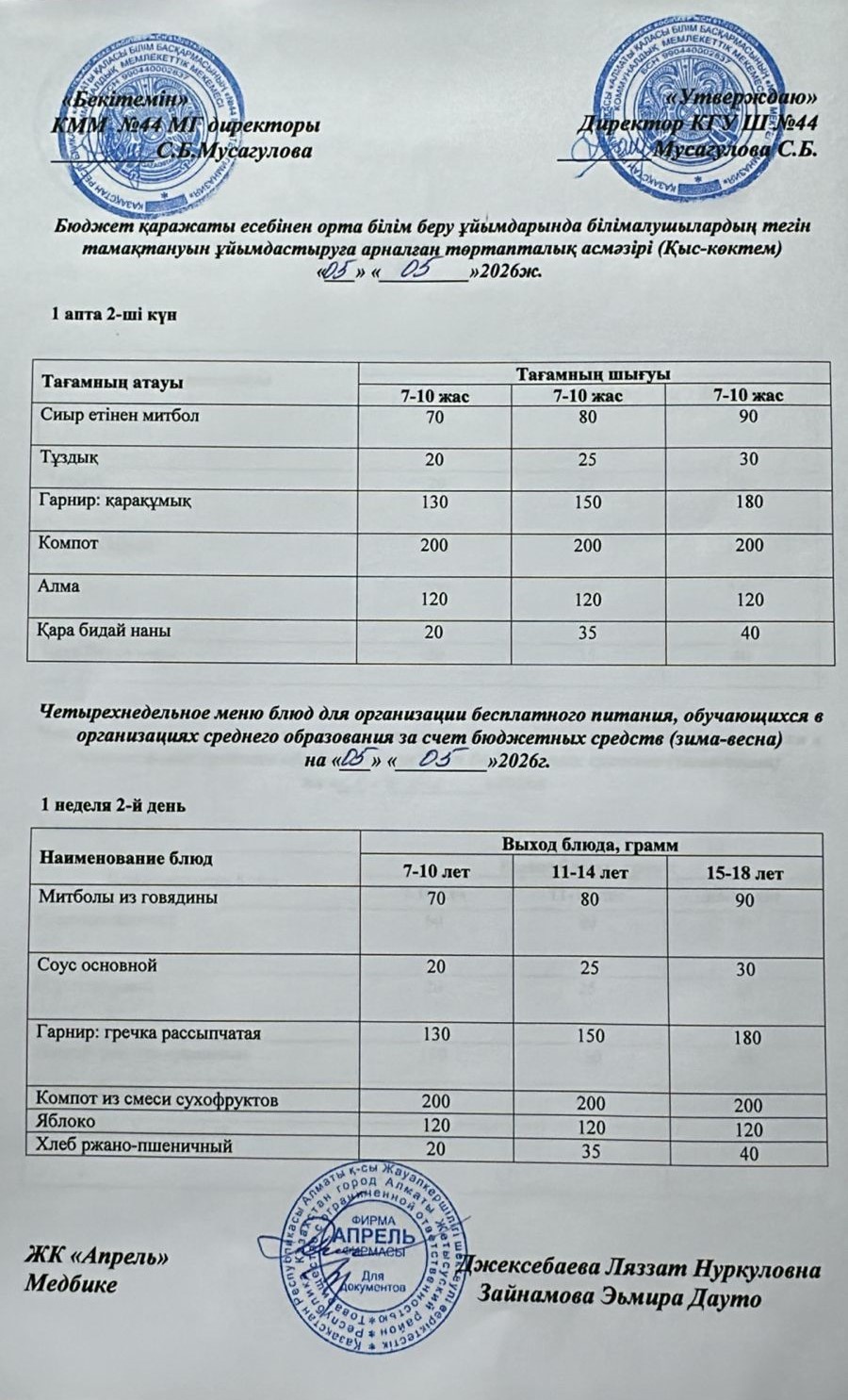 Четырехнедельное меню блюд для организации бесплатного питания обучающихся в организациях среднего образования за счет бюджетных средств зима-весна 2026г
