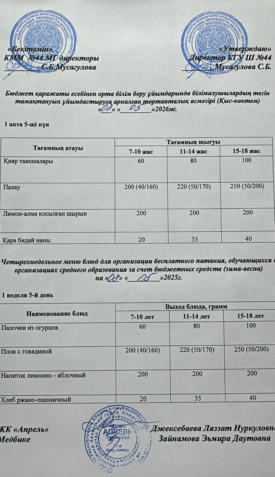 Четырехнедельное меню блюд для организации бесплатного питания обучающихся в организациях среднего образования за счет бюджетных средств зима-весна 2026г