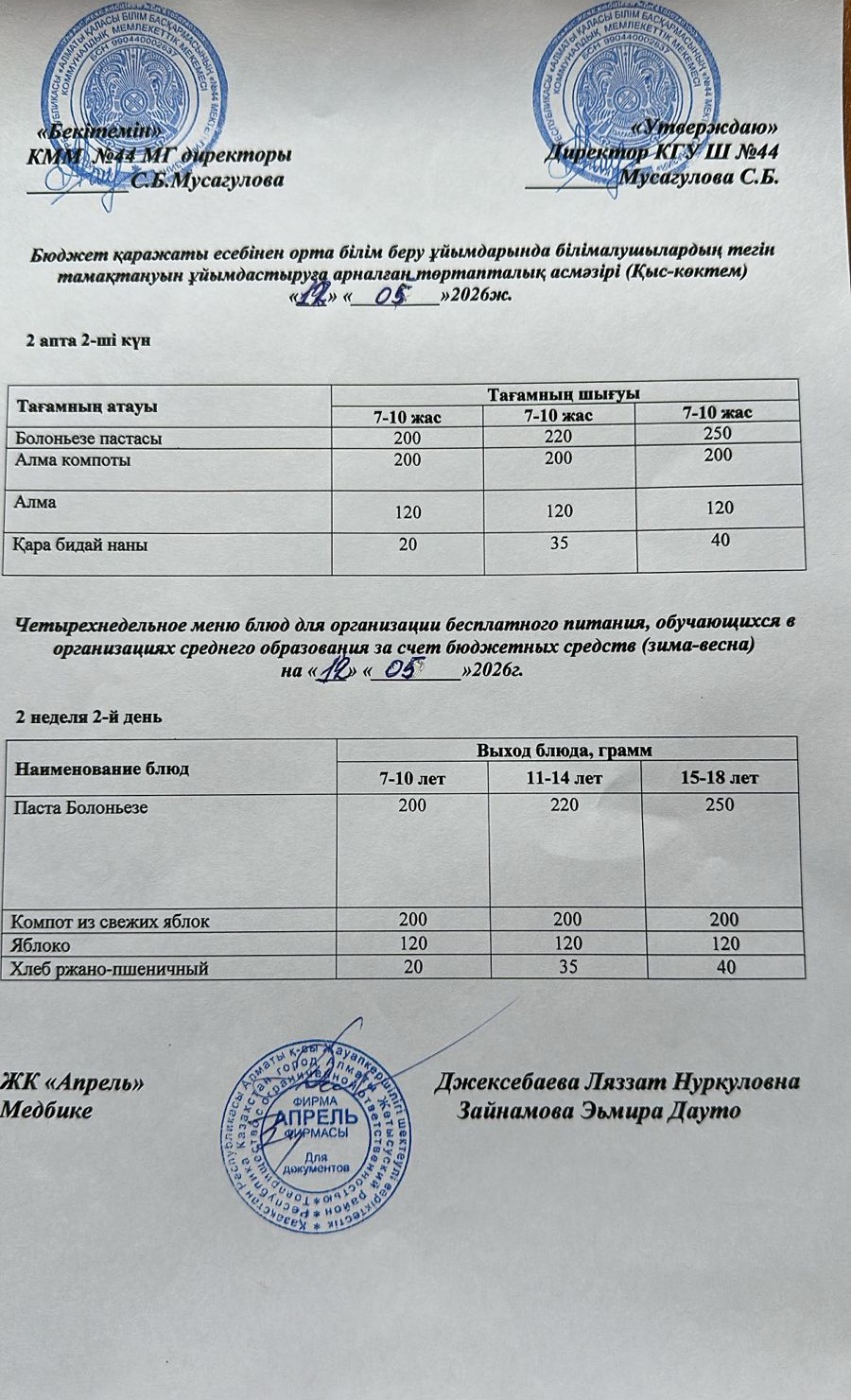 Четырехнедельное меню блюд для организации бесплатного питания обучающихся в организациях среднего образования за счет бюджетных средств зима-весна 2026г