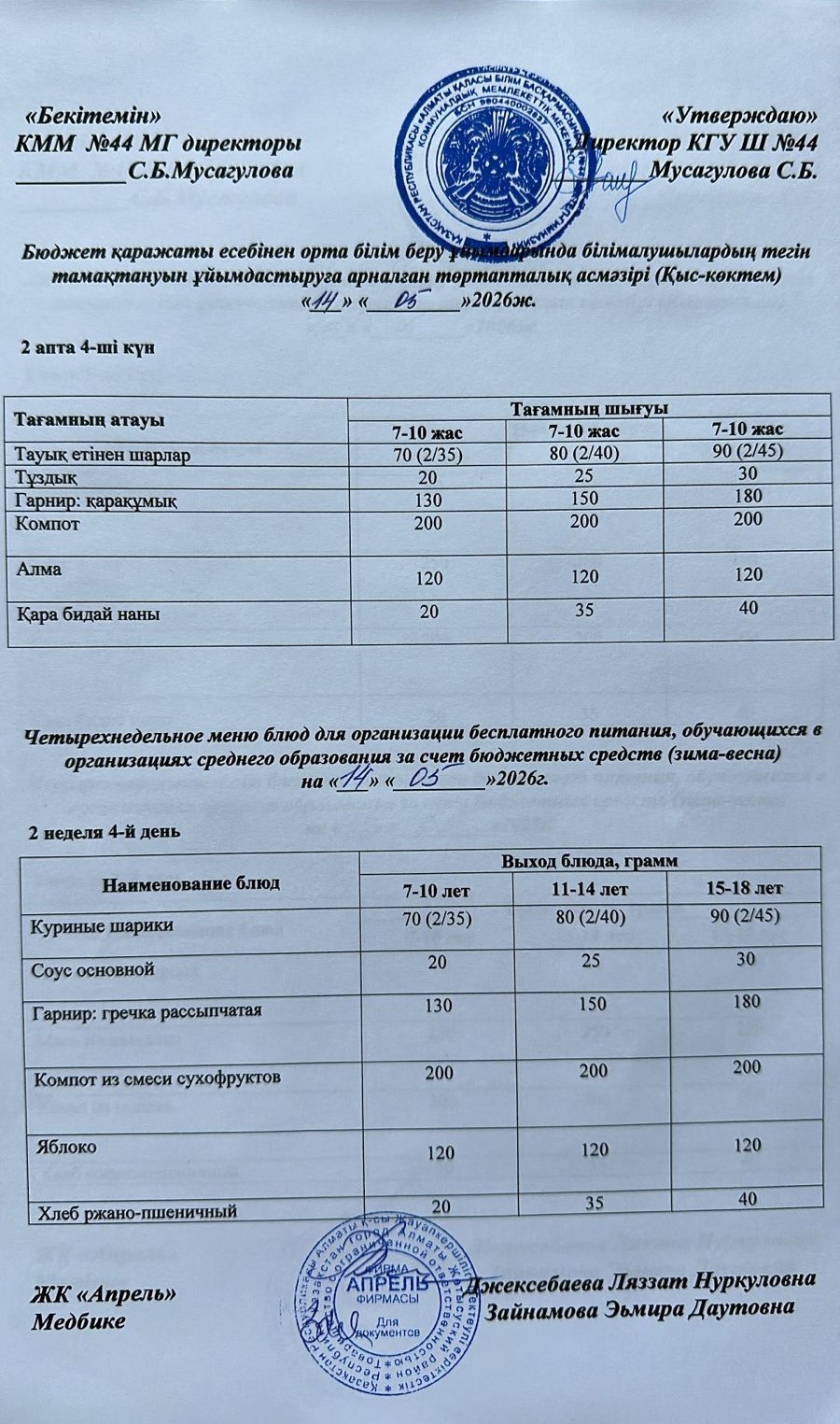 Четырехнедельное меню блюд для организации бесплатного питания обучающихся в организациях среднего образования за счет бюджетных средств зима-весна 2026г