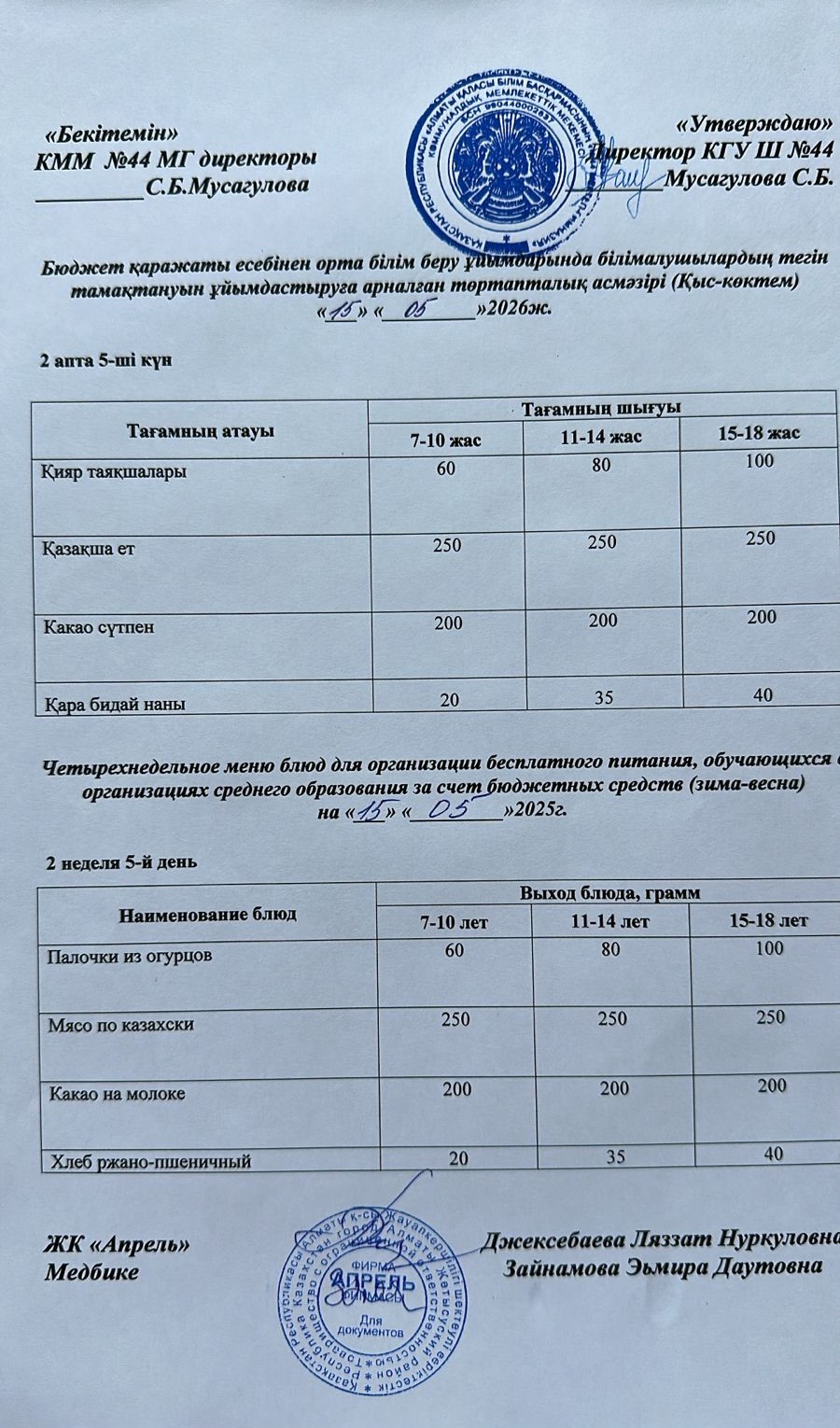 Четырехнедельное меню блюд для организации бесплатного питания обучающихся в организациях среднего образования за счет бюджетных средств зима-весна 2026г