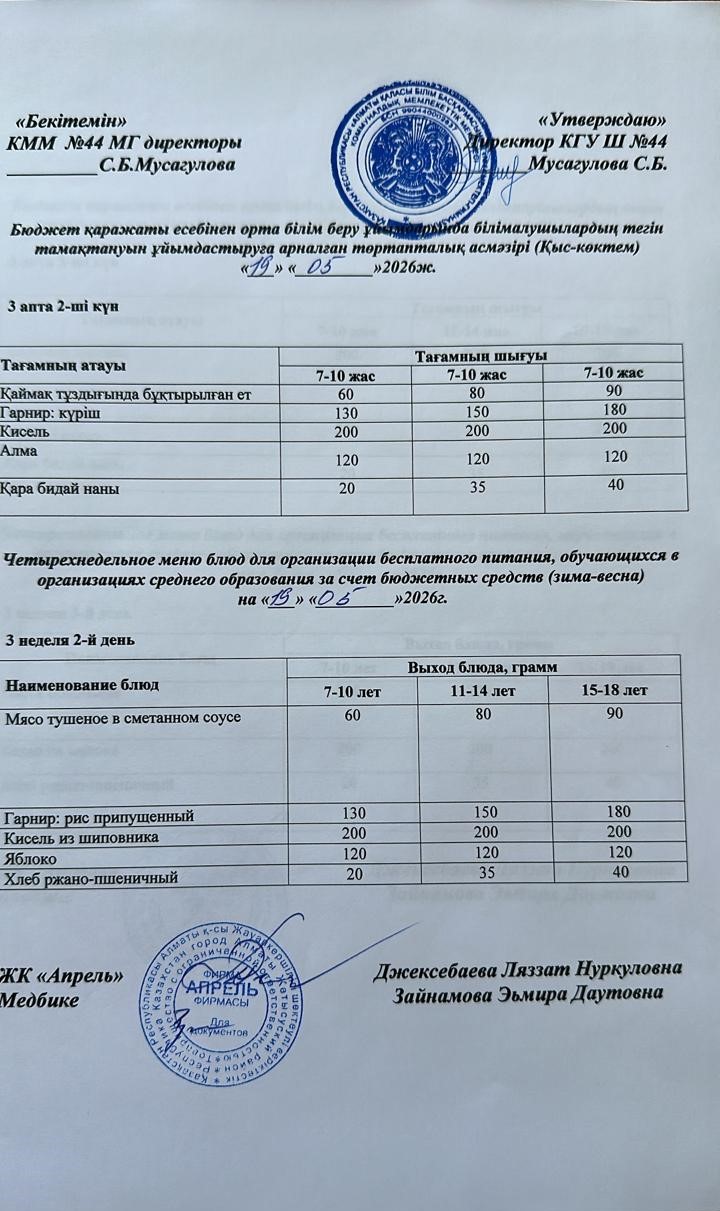 Четырехнедельное меню блюд для организации бесплатного питания обучающихся в организациях среднего образования за счет бюджетных средств зима-весна 2026г