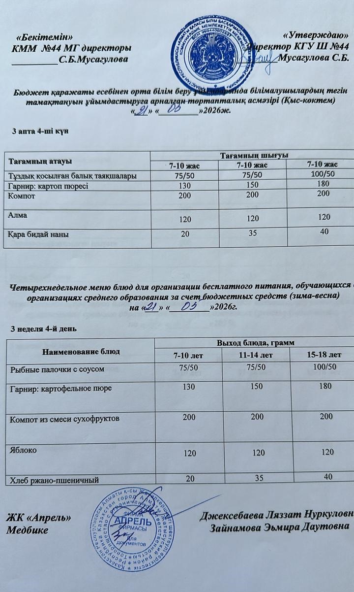 Четырехнедельное меню блюд для организации бесплатного питания обучающихся в организациях среднего образования за счет бюджетных средств зима-весна 2026г